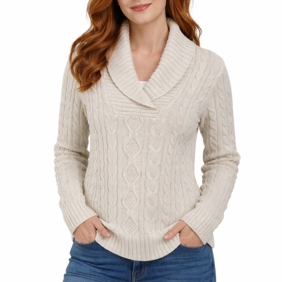 JEANNE PIERRE Sweaters - Cream Cable Knit Shawl Collar Sweater | Coastal Grandma | Spring Layer Medium